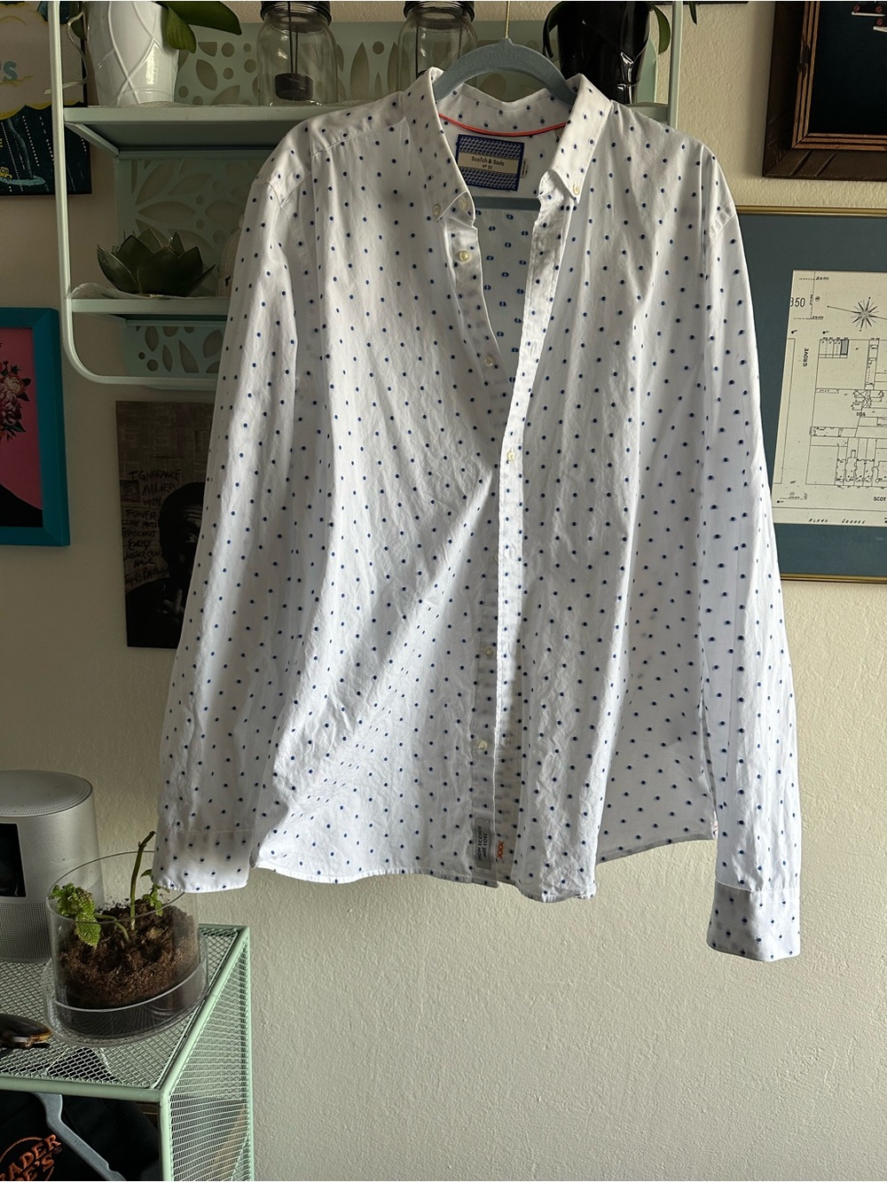 Scotch & Soda”Mens”  White Button-Down Shirt with Navy Dot Print